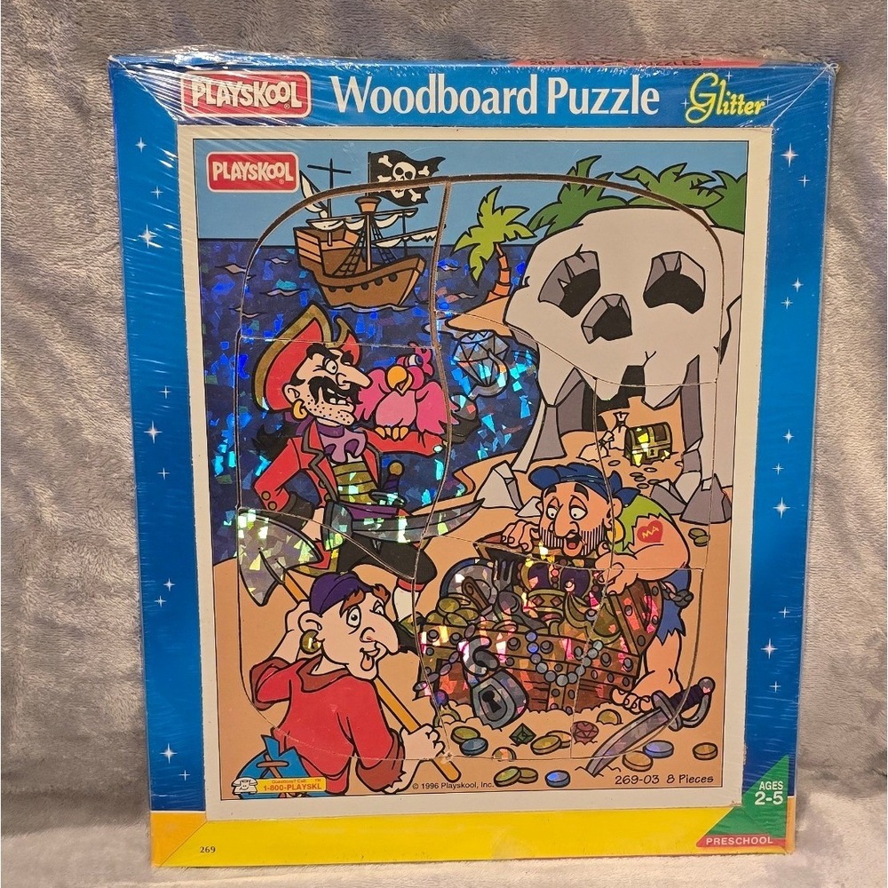 Vintage 1996 Playskool Woodboard Puzzle Pirate Treasure Glitter 8 Piece NEW